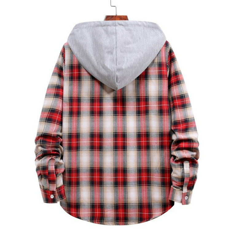 XFLWAM Men s Flannel Hoodie Plaid Shirts Jacket Casual Long Sleeve Button Down Lightweight Hooded Shirt Red XXL Walmart