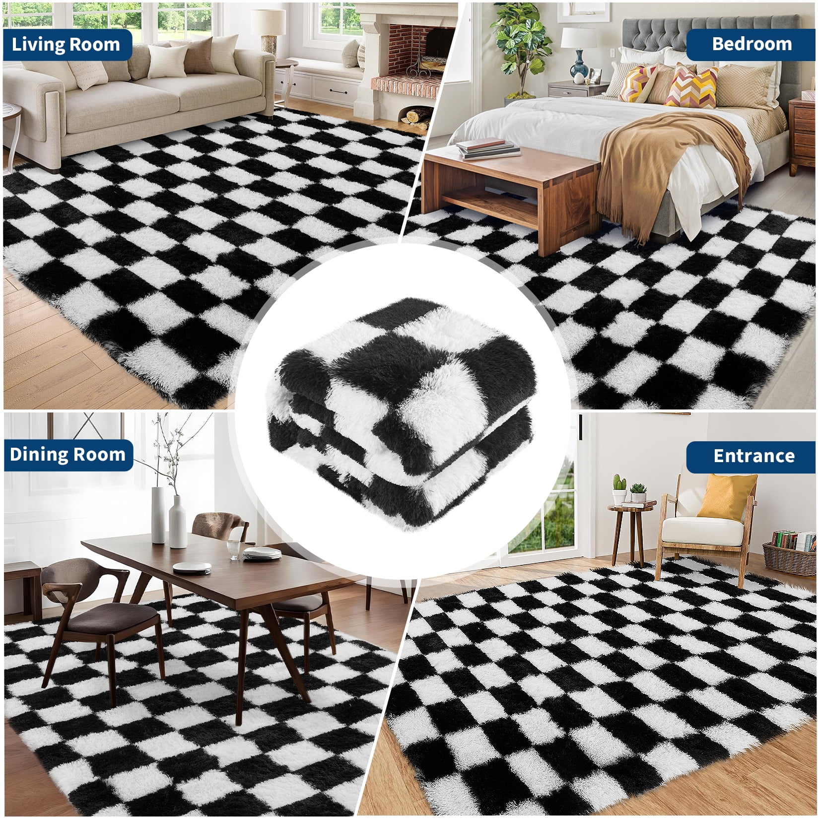 COZONY 8x10 Checkered Thick Area Rug, Large Ultra Soft Shag Plush Carpet for Living Room, Non-Slip Backing, Black