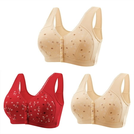 Mrat 3pc Women Front Buckle for Middle-Aged and Elderly Underwear Soft Cup Oversized Tank Tops Without Steel Ring Printed Bra S-85 Red-A L