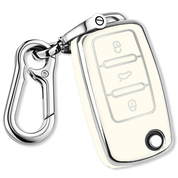 for VW Key Fob Cover with Keychain Silver Trim Soft TPU Compatible with Volkswagen Jetta Beetle Santana Scirocco Eos Tiguan Touran Polo MK5 Passat Golf GTI MK6