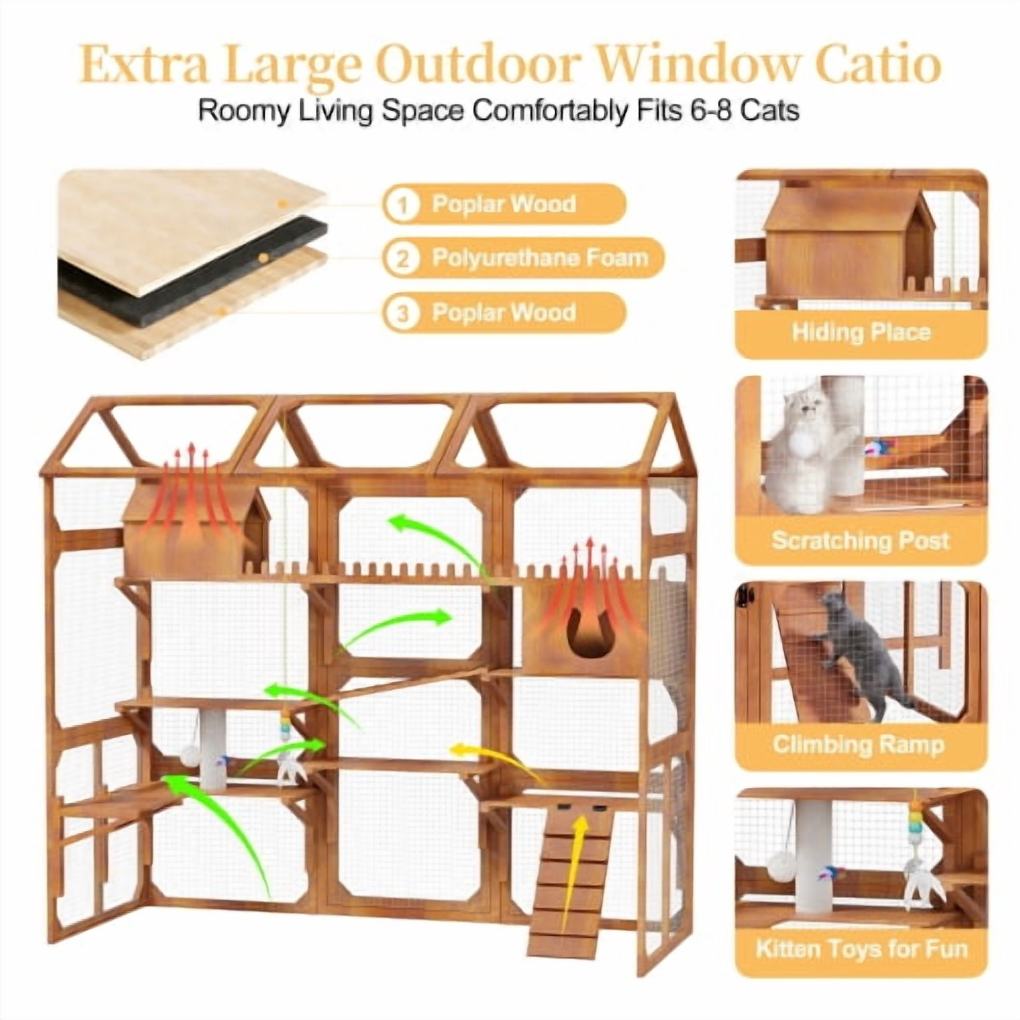 Large Outdoor Cat Enclosure Wooden Catio with Plant Stands and Multi-Level Playpen for Backyard Patio, Brown