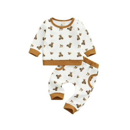 

Calsunbaby Unisex Baby s 2Pcs Set Bear Print Long Sleeve Round Neck Pullover Tops Casual Long Pants for Party Photography