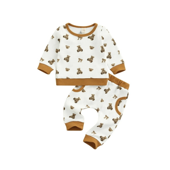 Xingqing 2pcs Toddler Baby Girls Boys Clothes Cartoon Bear Printed Long Sleeve Pullover Sweatshirt Pants Set White 0-3 Months