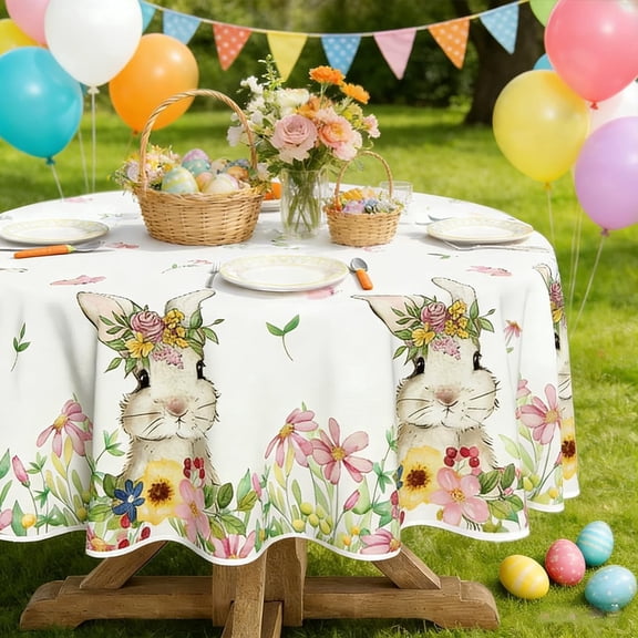 60x60 Inch Easter Tablecloth - Bunny with Flower Wreath Print Waterproof Washable Spring Table Cover for Indoor Outdoor Party Decor