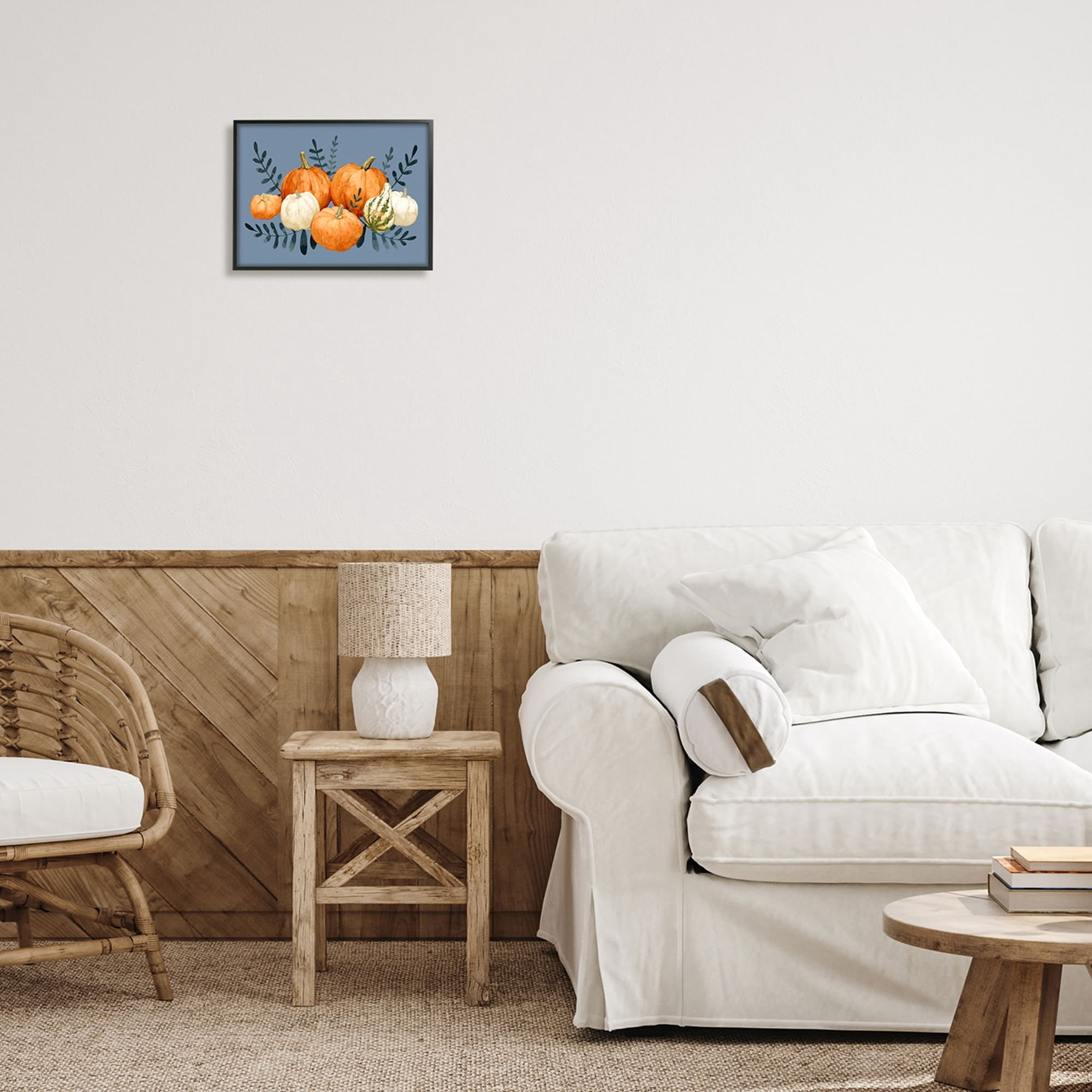Round Orange Pumpkins Autumn Harvest Plants Leaves Botanical & Floral Painting Framed Art Print Wall Art
