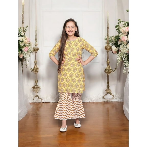 Traditional Cotton Kurti Set with Pant for Girls, Cultural Wear for Kids,01