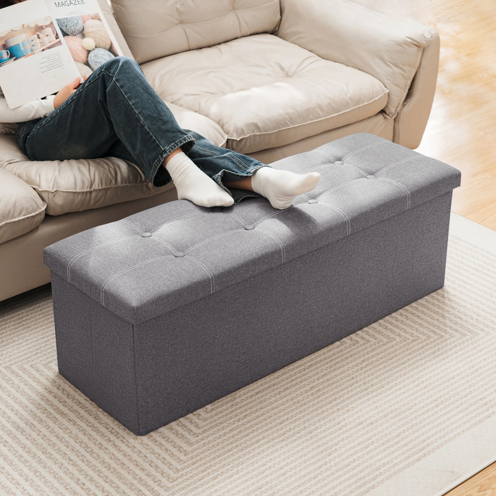 Lusimo 43" Storage Ottoman Bench with Divider, Multifunctional Foot Stool, Toy Chest & Shoe Bench for Bedroom, Living Room, and Entryway, Foldable Storage Chest with Seating, Light Gray