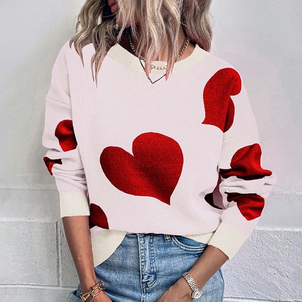 Pntutb Suéter de cuello redondo para mujer Suéter suelto de manga larga de otoño e invierno Amor Tops de ocio Pntutb Pntutb-1235