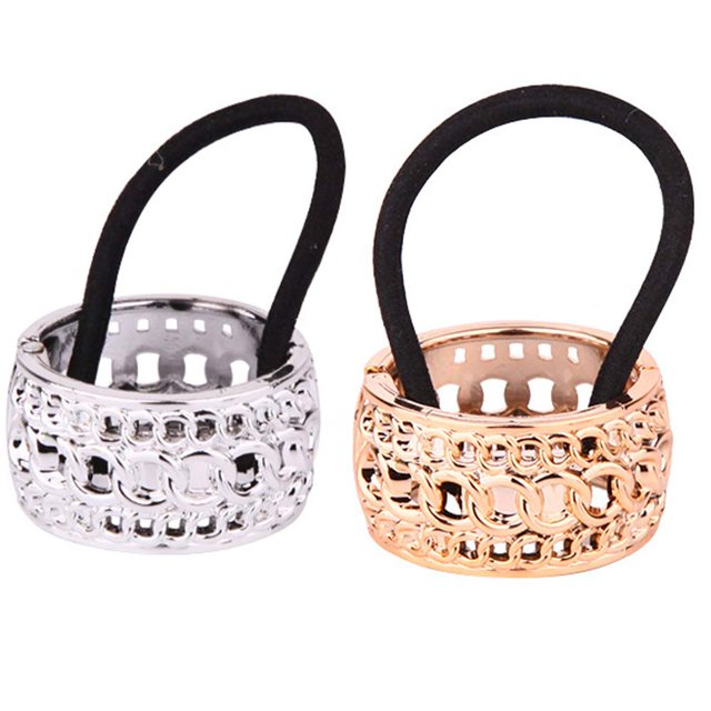 Patrón de chapado metálico Anillos para el cabello con puños circulares Lazos elásticos para el cabello plateados y dorados Soporte para cola de caballo Cierre de resorte Cubierta para cola de caballo