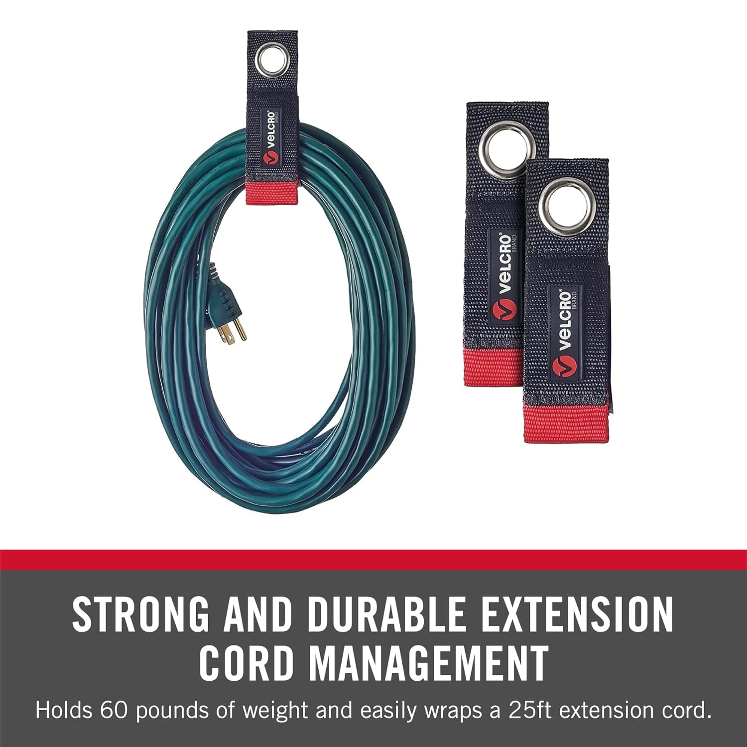 VELCRO Brand EASY HANG Extension Cord Organizer, 2pk Black Heavy Duty Nylon & Polyethylene Straps for Bulk Storage, Small 10 in Wall Hang, Holds 60lbs