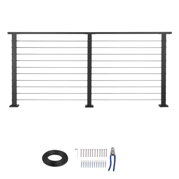 Kit de garde-corps à câble complet KFFKFF de 2 m avec poteau, rampe en acier inoxydable noir mat de 89 cm de haut, découpable pour marches extérieures/intérieures
