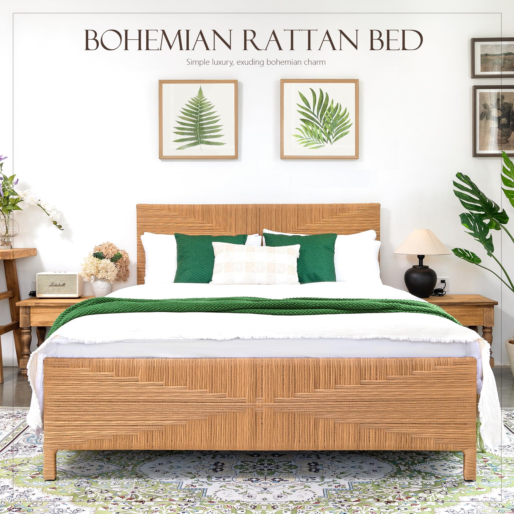 brafabhome Hand-Woven Queen Bed Frame with Headboard and Footboard, No Box Spring Needed, 1000lbs
