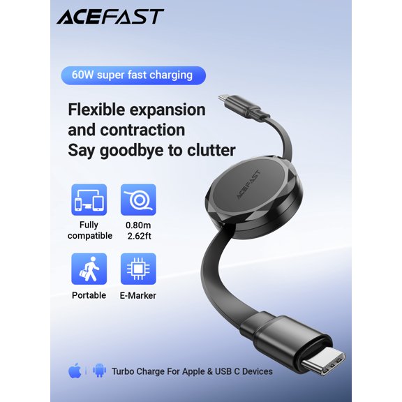 ACEFAST Retractable USB C Retractable Charging Cable,60W PD Charging Cable 3A Data Cord, Support Fast Charge & Data Transfer, Compact for Travel, Home, Office