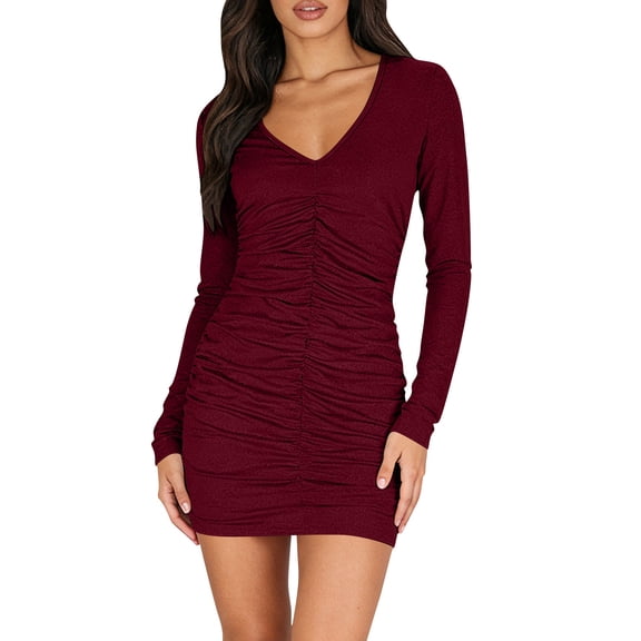 Efsteb Womens Cocktail Dresses V-Neck Long Sleeve Solid Color Fashion Ruched Bodycon Dress Club Party Mini Fitted Dress Dresses (Wine,L)