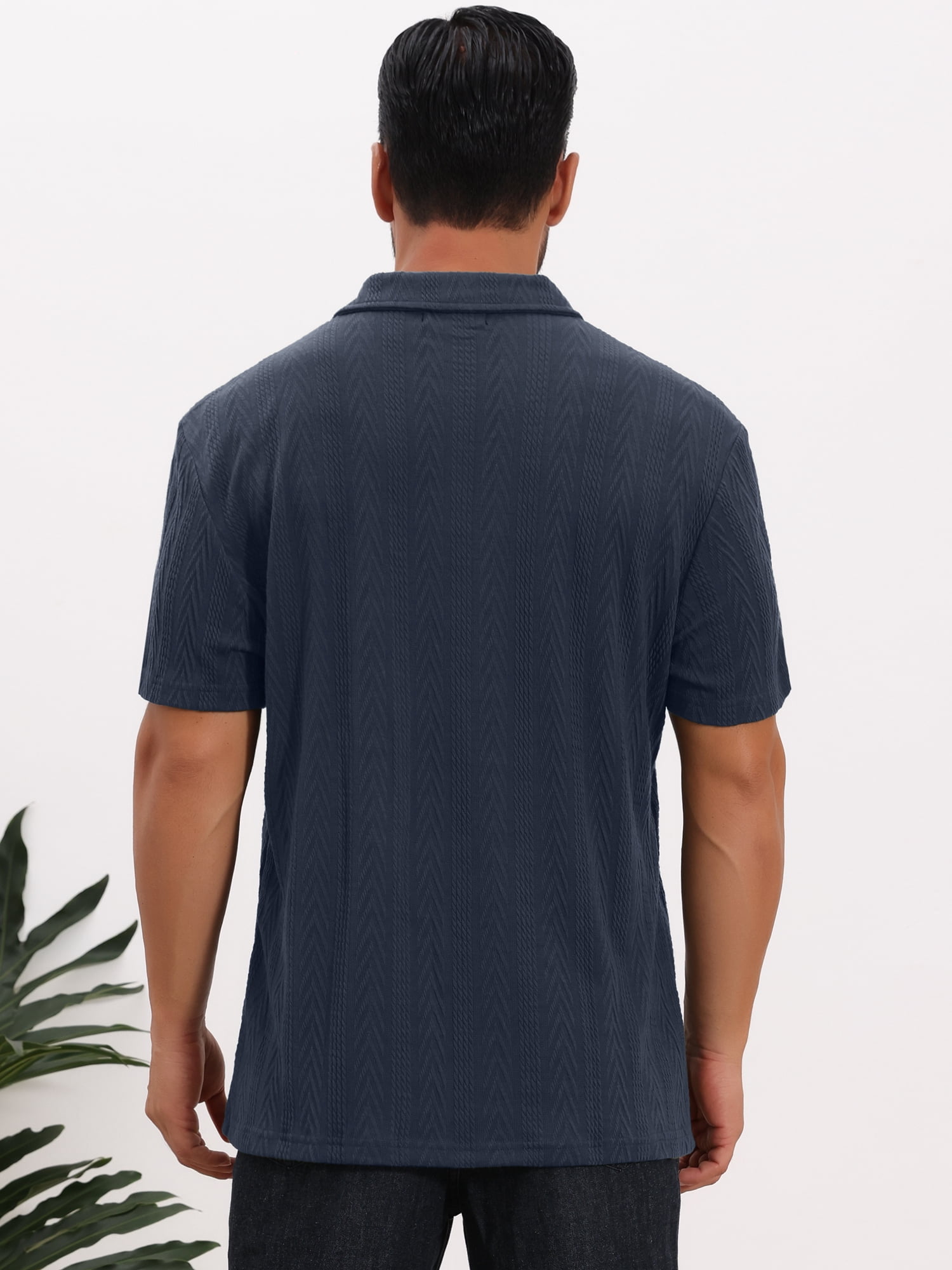 DARING DIVA Men's Jacquard Short Sleeve Button Down Collared Polo Shirts L Dark Blue