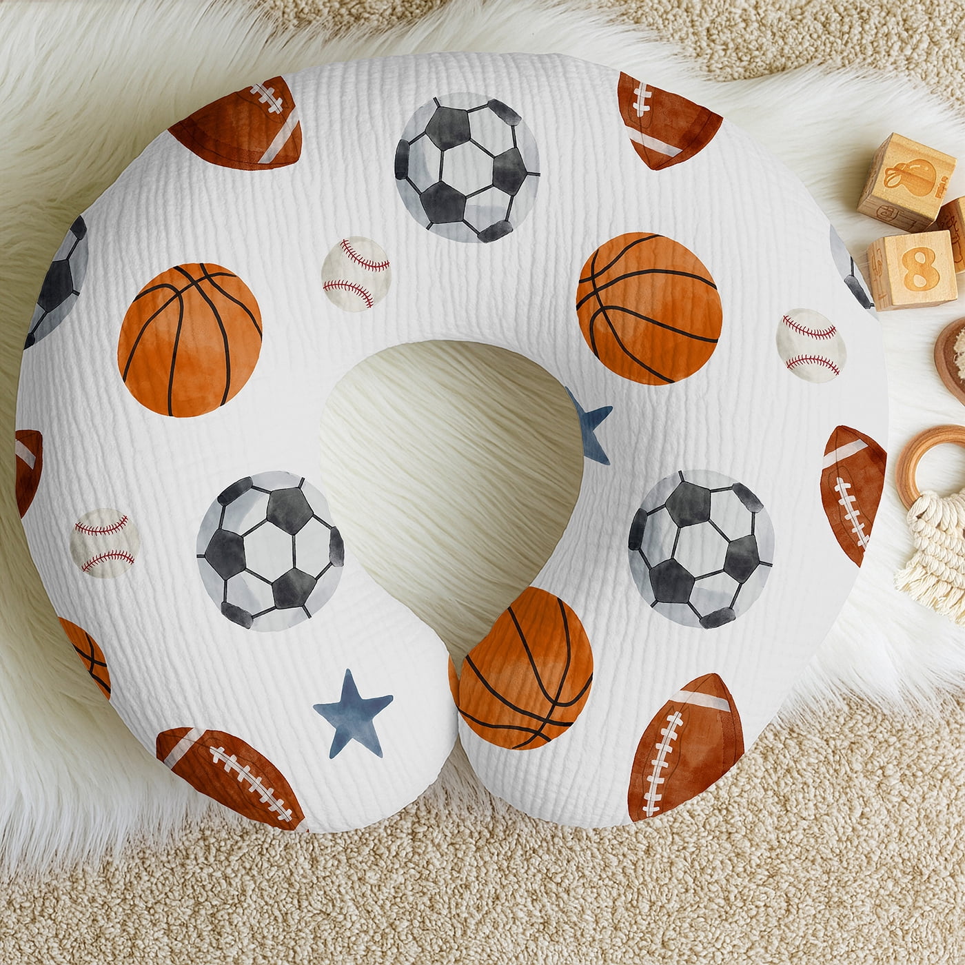 Sweet Jojo Designs Watercolor Sports Theme Boy Muslin 100% Cotton Nursing Pillow Cover