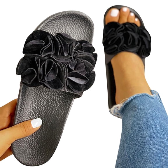 Dakaela Women's Slides Sandals Flower Open Toe Summer Beach Slippers Comfortable Casual Flat Walking Slip on Shoes Black Size 6.5