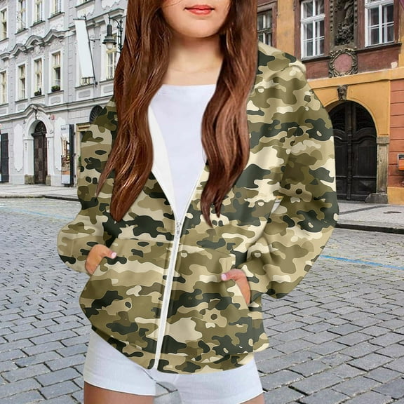fnnxnal Big Girls Camo Jacket 8T, Army Green - 100% Polyester Full Zip, Durable Easy Care for Outdoor Play