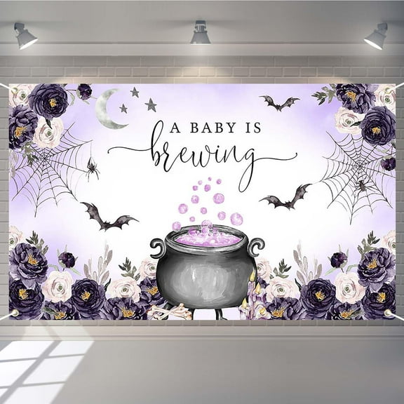 Purple Magic Witch Halloween Baby Shower Backdrop A Baby is Brewing Photography Background Spooky Bat Halloween Floral Cake Table Party Decorations Banner Photo Booth Props
