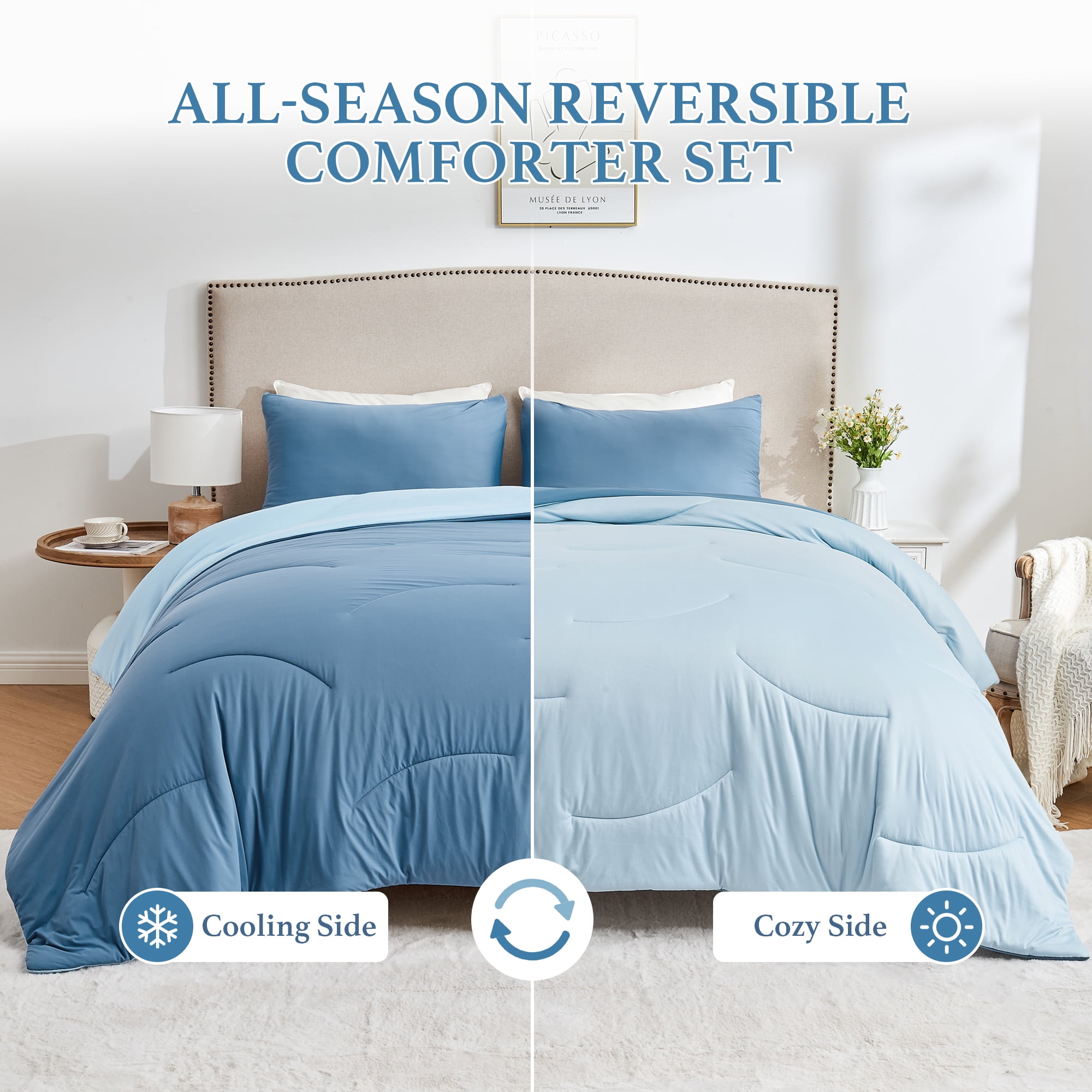 HOMTEC Reversible 2-Piece Comforter Set, All Season Double-Sided Comforter with 1 Pillowcase, Twin/Twin XL Size, Blue