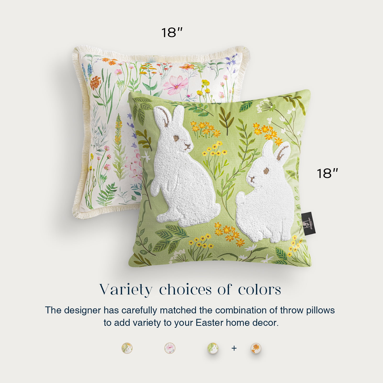 Happy Easter Throw Pillow Tassel Trimmed Printed Colorful Flowers and Rabbits Decorative Easter Pillows, 18" x 18", Light Green, 2 Pack
