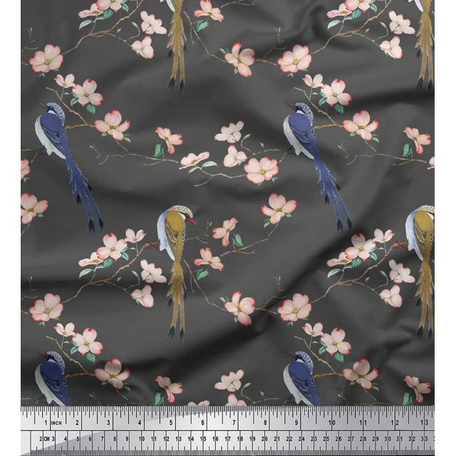 Soimoi Gray polyester Crepe Fabric Floral & Paradise Whydah Bird Print Sewing Fabric Yard 42 Inch Wide