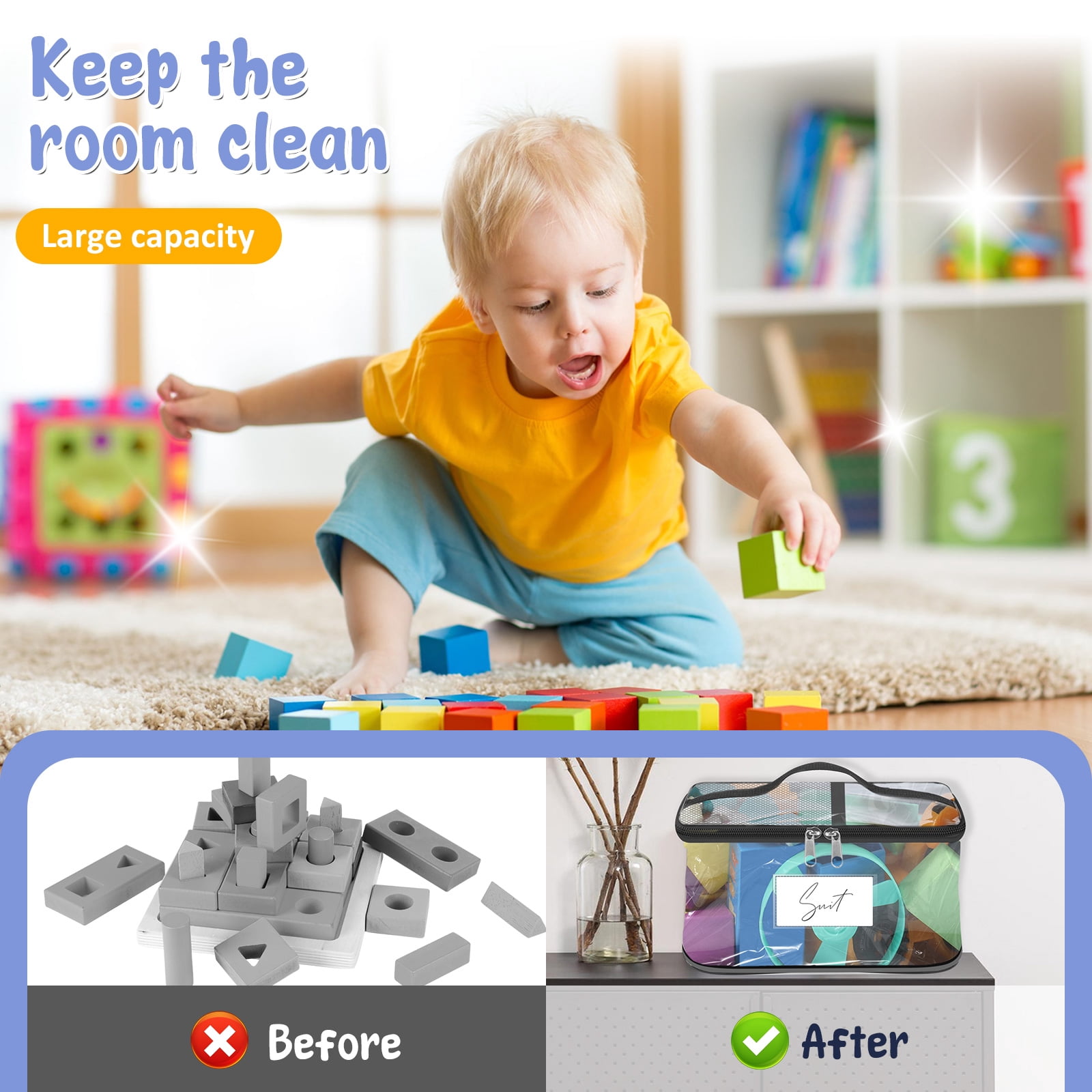 4Pcs Clear Toy Storage Bag with Name Tag& Manual Pocket, Waterproof Transparent PVC Toy Organizer Case for Lego Bricks, Board Games, Building Blocks, Puzzles (Large Capacity, Black)