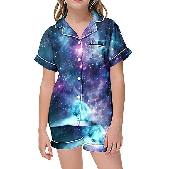 BOOMNY Toddler Girls 2 Peice Pajamas Sets Graphic Short Sleeve Buttons Sleepwear Tops Shorts Pjs Set for Kids Cozy Loungewear Homewear