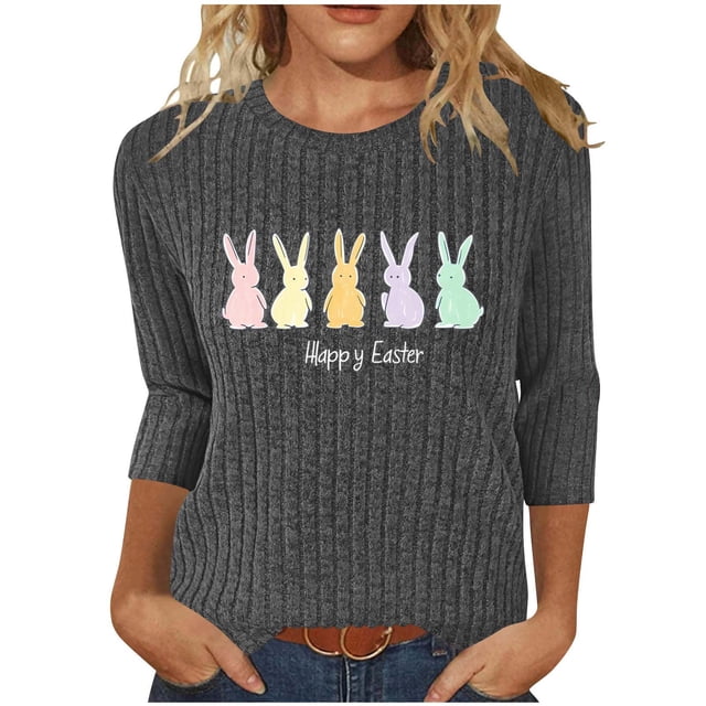 Camiseta de Cuello Redondo Impresa Casual de Manga 3/4 de Mujer Y Blusas, Tops de Moda de Otoño E Invierno