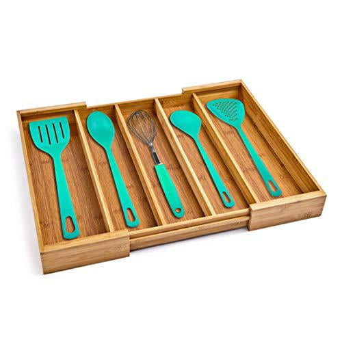 Seville Classics Bamboo Eco-Conscious Organizer Tray Kitchen Home Office Pantry Junk Drawer Utensils, Flatware, Silverware, Cutlery, Pens, Expandable 5 Compartment
