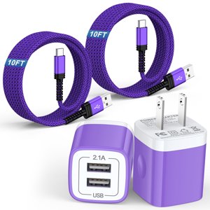 Charging Block 2 Pack USB Wall Charger with 10FT Type C Charging Cable USB C Cable Phone Cables Dual Port Phone Charger Android Charger Fast Charger Block USB Plug Adapter USB Charging Block Purple