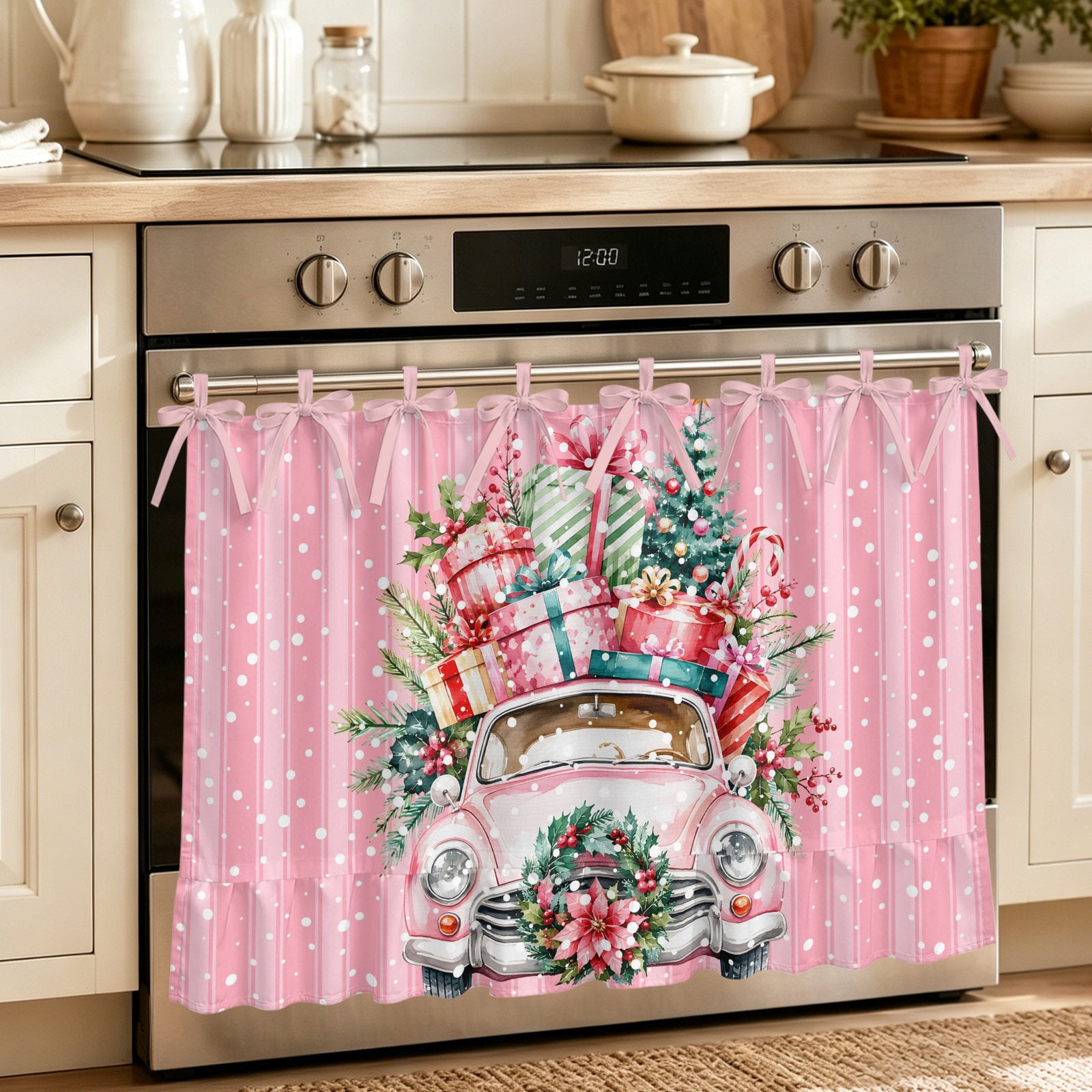 Oven Curtain for Kitchen Farmhouse Truck Present on Pink Stove Curtain With Ruffled Trim Dishwasher Curtains Christmas Tree Poinsettia Berry Oven Skirt 32 x24
