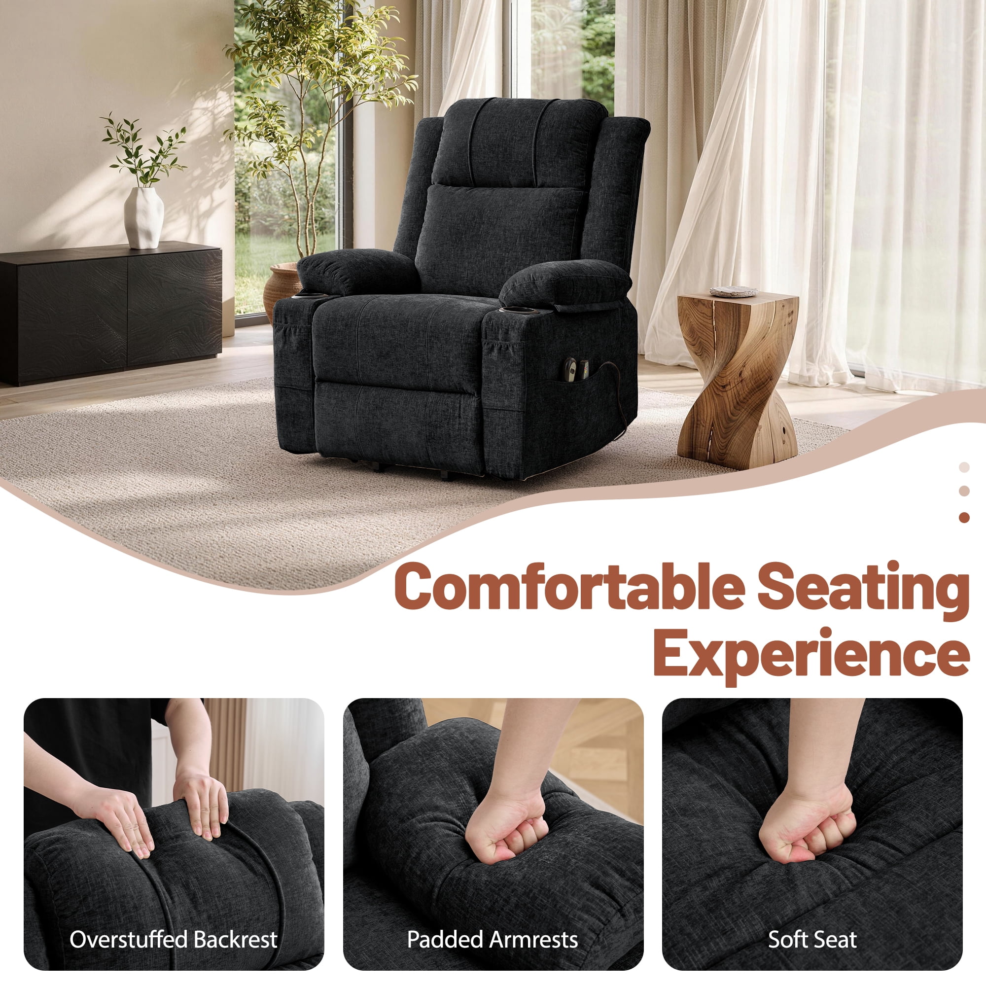 Korser Power Lift Recliner Chair for Elderly with Massage and Heat,Electric Lift Reclining Chair with Side Pockets and Cup Holders,Massage Recliner Chair for Living Room,Chenille,Black