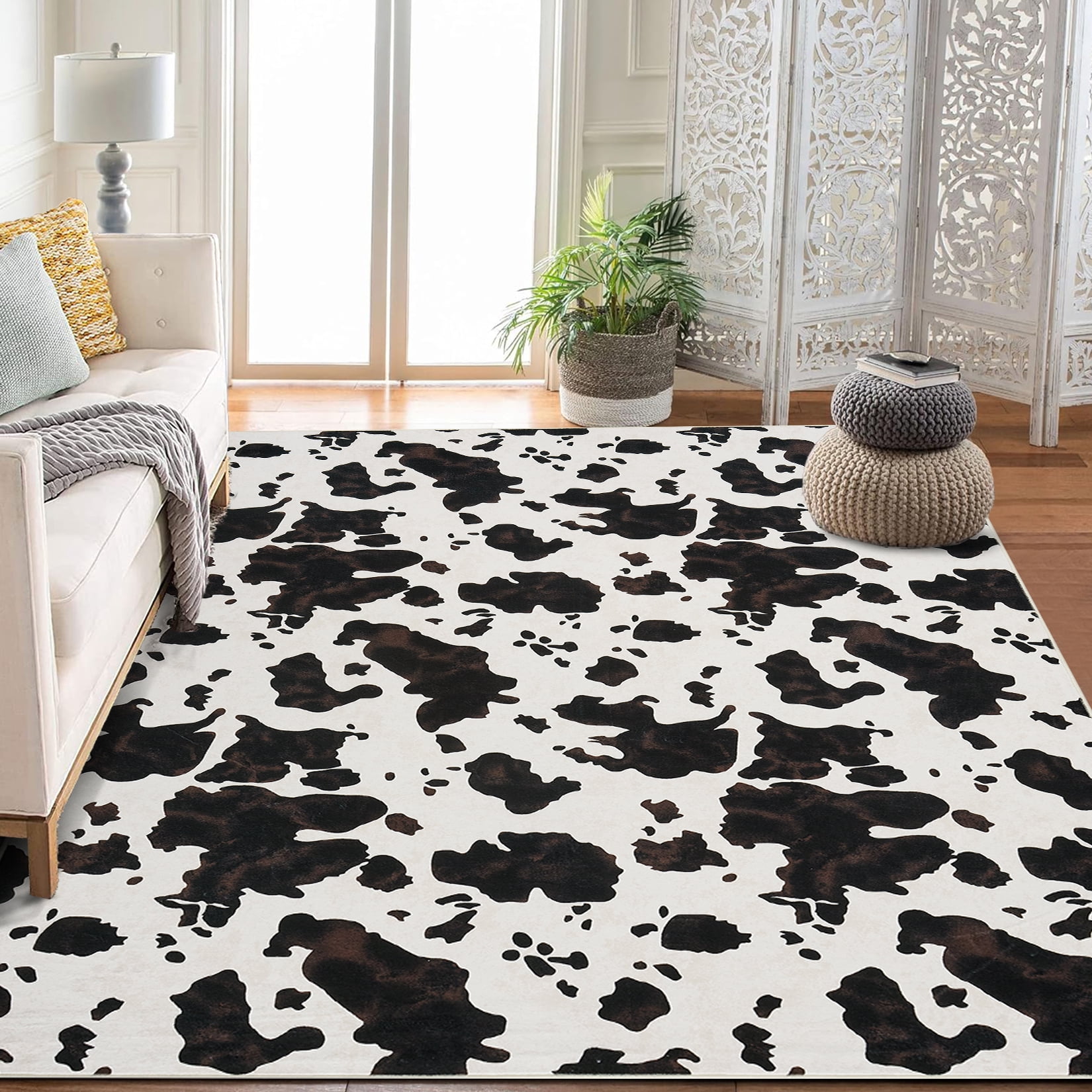 Tzou Cow Print Area Rugs 10' x 13' – Modern Washable Low Pile Throw Rug with Non-Slip Backing, Stain-Resistant Soft Floor Carpet for Living Room, Bedroom, Kitchen (Machine Washable)