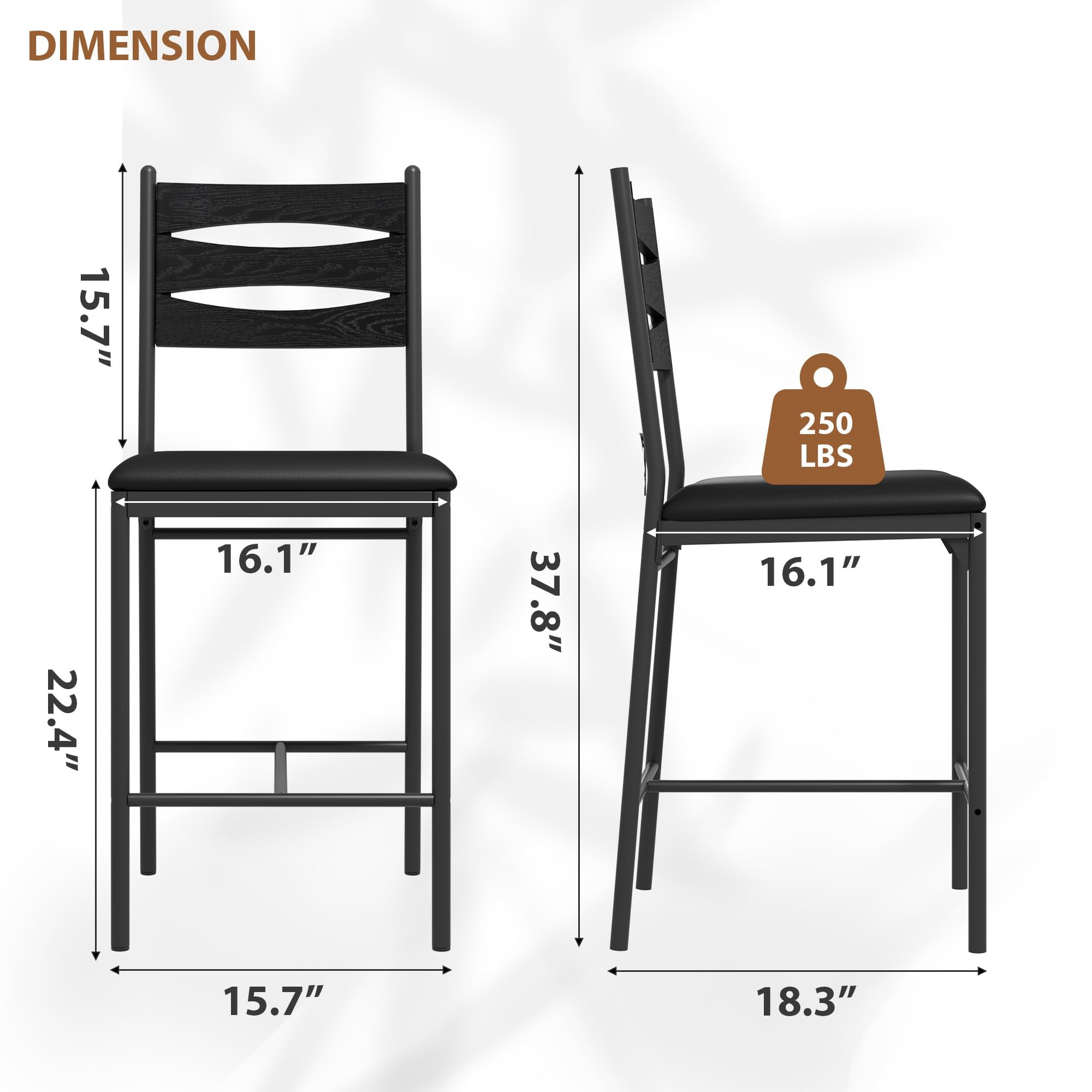 JoanKaren Bar Stools Set of 4, Upholstered Metal Dining Chairs Set of 4 with Wooden Back & Footrest & Thick Cushion, Counter Height Bar Stools for Kitchen Island Apartment, Black