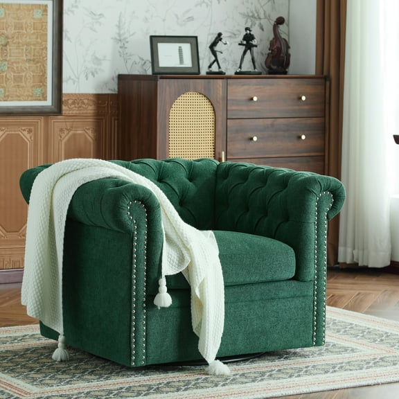 Christopher Knight Home Upholstered Tufted Swivel Club Chair with Nailhead Trim, Dark Green