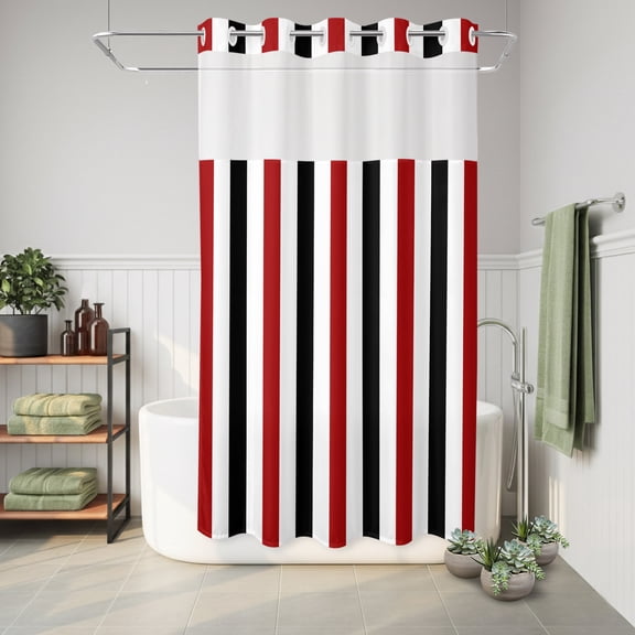 No Hook Shower Curtain Stripes Waterproof Fabric Shower Curtain Red Black Hotel Style Bathroom Curtain with See Through Top Window Machine Washable 36x72in