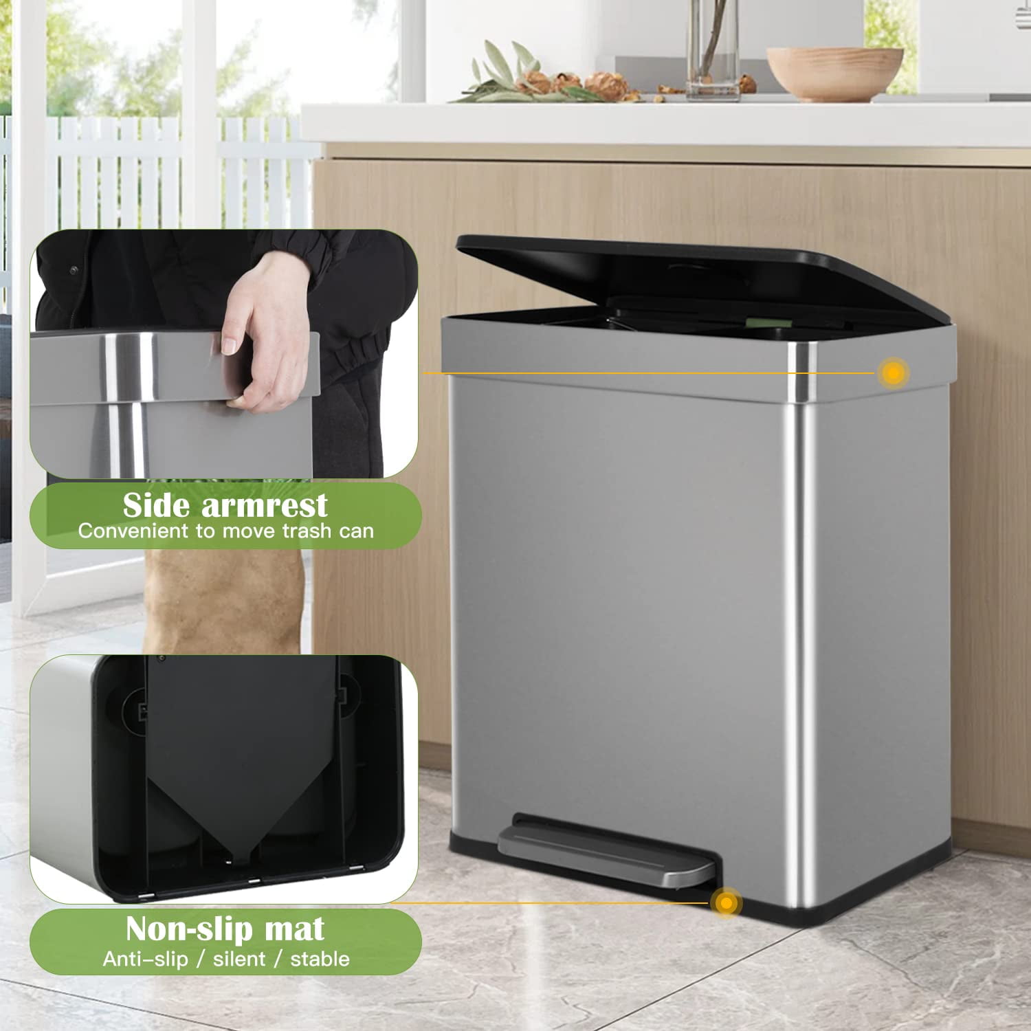 PayLessHere  60L Trash Can Soft-Close, Smude Resistant Trash Can with Foot Pedal-Brushed Stainless Steel