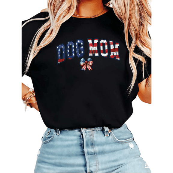 Women Dog Mom USA Flag Bow Print Graphic Tees T Shirt Tops Round Neck Printed Cotton T Shirt Black S-5XL