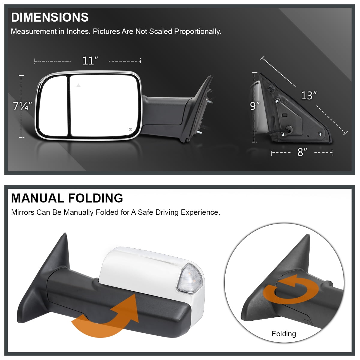 Spec-D Tuning Chrome Left Driver Side Power Heated Manual Fold Tow Mirror w/ Puddle Light + Blind Spot Compatible with 2019-2022 Ram 2500 3500