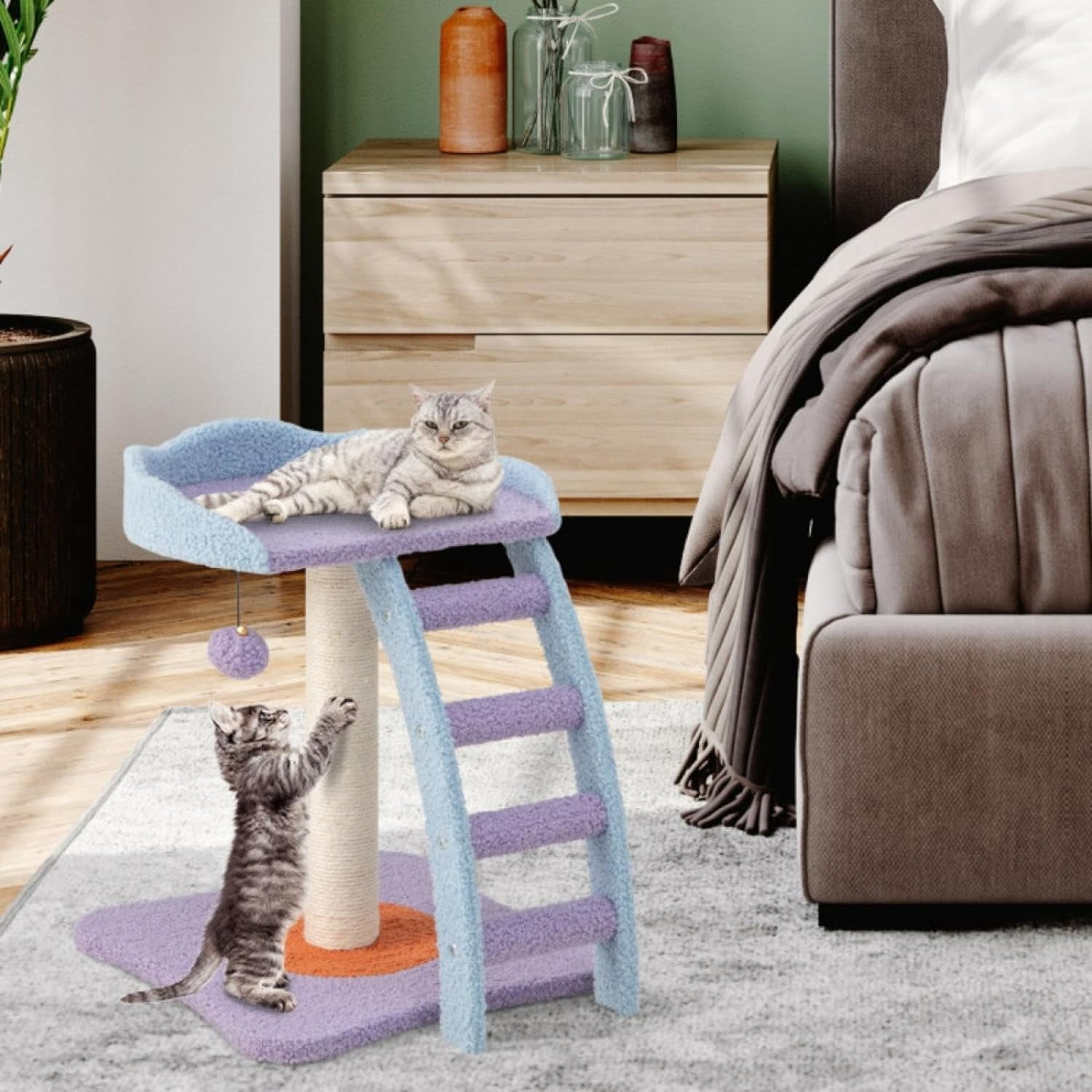 2 Storey cat Tree, cat Climbing Frame, Plush cat Tower with Ladder Shape
