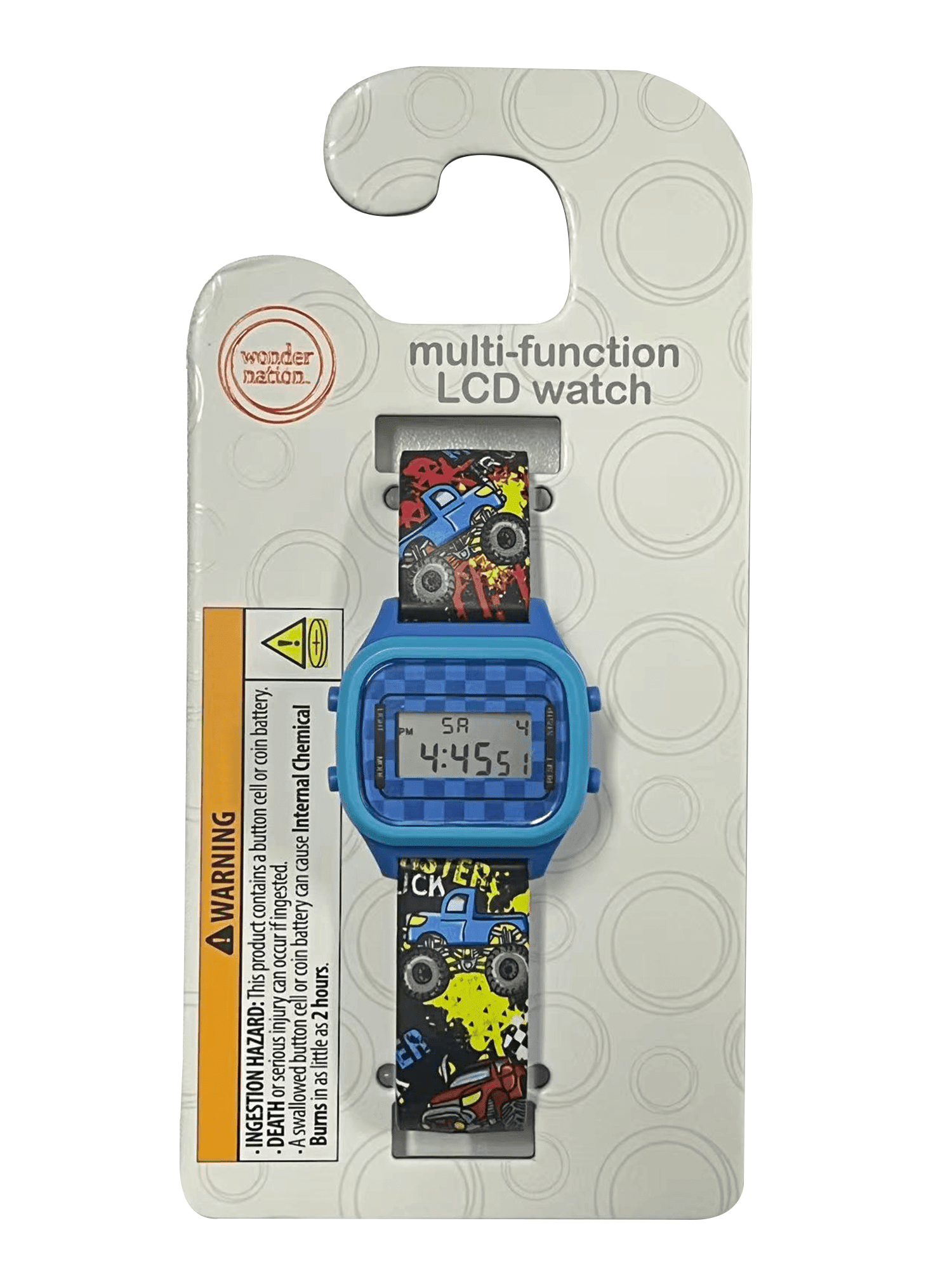 Wonder Nation Boys Round Multifunction LCD Kids Monster Truck Digital Wristwatch, Blue Multi Color, Silicone Strap