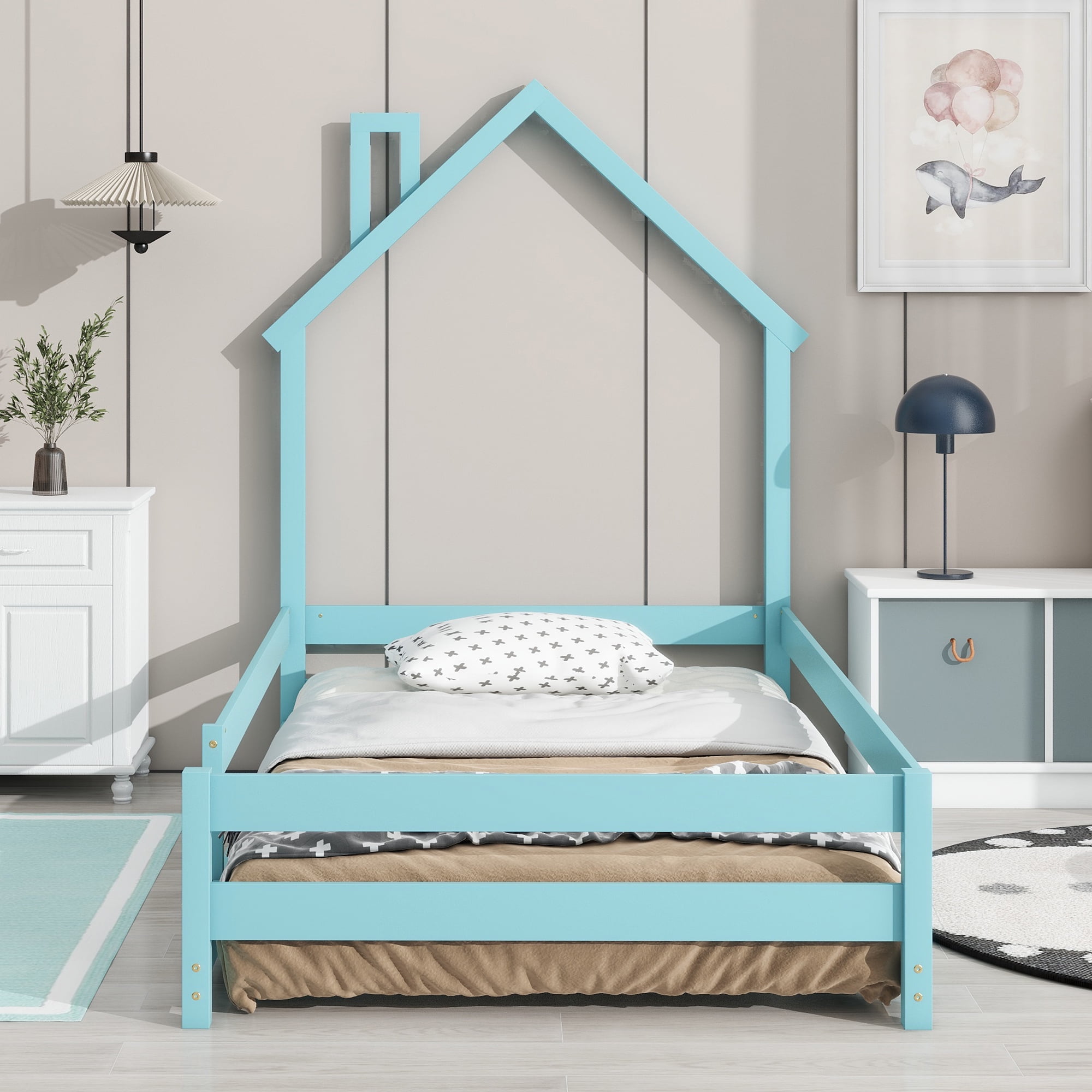 Yoneston Twin Floor House Bed Frame for Toddlers, Wooden Kids Platform Bed Frame with Fence and Door for Girls Boys, Light Blue