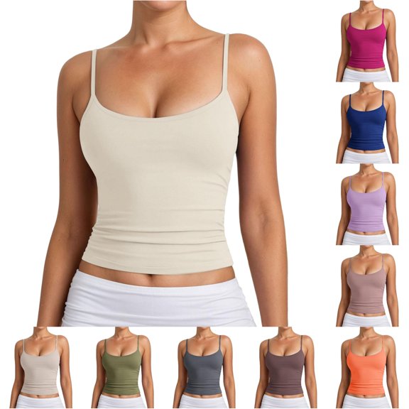 oqasdz Tank Tops for Women Adjustable Spaghetti Straps Camisole Top Ribbed Knit Sleeveless Layering Solid Color Cropped Top Summer Outdoor,Beige,L