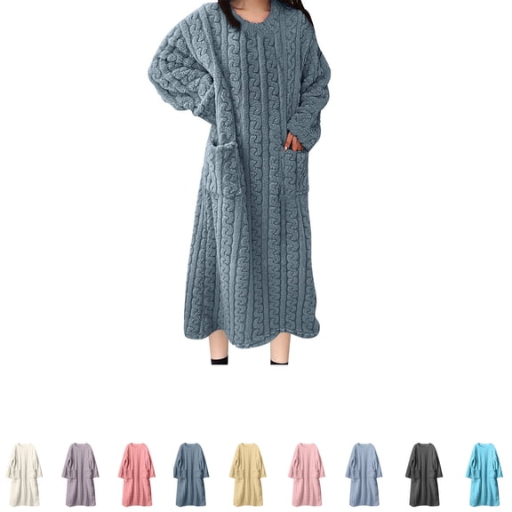 Swuxness Women Nightgowns Long Length Long Sleeve Fleece Warm Structure with Side Pockets