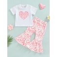thumbnail image 2 of Seyurigaoka 2 Pcs Girls Boho Pants Set Heart Letter Flower Print Short Sleeve Round Neck T-Shirt + High Waist Stretch Flared Trousers, 2 of 8
