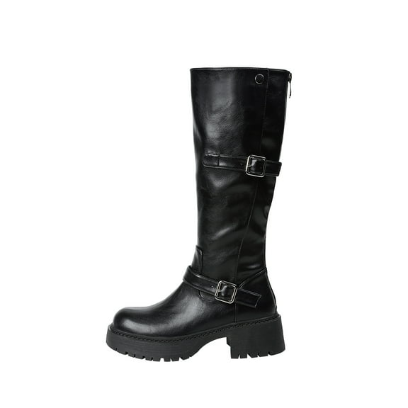 SCHUHLAND Women's Knee-High Boots, Round Toe, Black, Buckle Accent