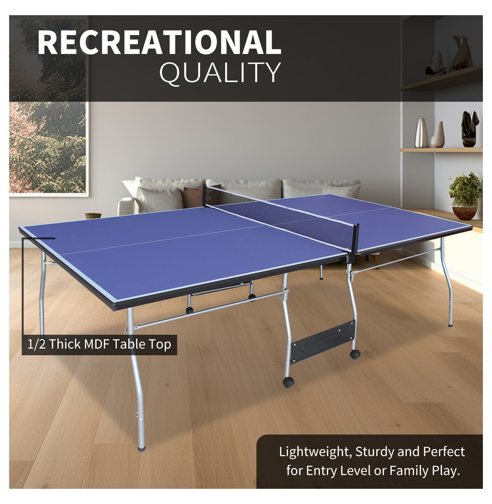 8ft Mid-Size Table Tennis Table Foldable & Portable Ping Pong Table Set for Indoor Games with Net, 2 Table Tennis Paddles and 3 Balls