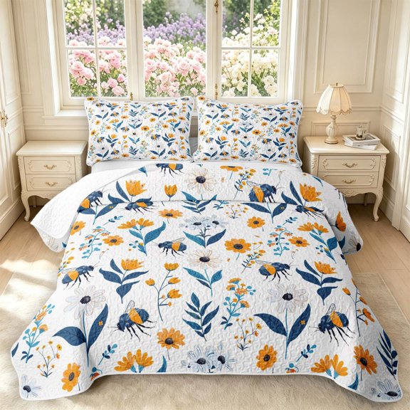 Erosebridal Vintage Bee Twin Quilt Set,Lovely Floral Twin Coverlet Set,White Blue,2 Pieces,1 Bedspread and 1 Pillowcase