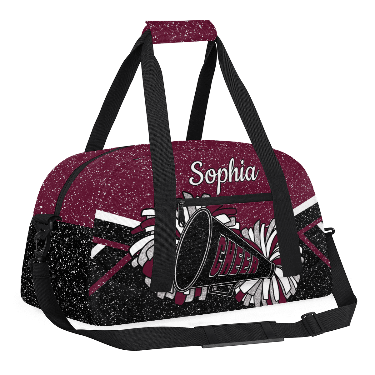 Jiaoprinted Personalized Cheer Bag for Women, Custom Sport Duffel Bag with Name, Customized Gym Bag, Weekender Overnight Bag, Cheerleading Gifts, Black Maroon Glitter